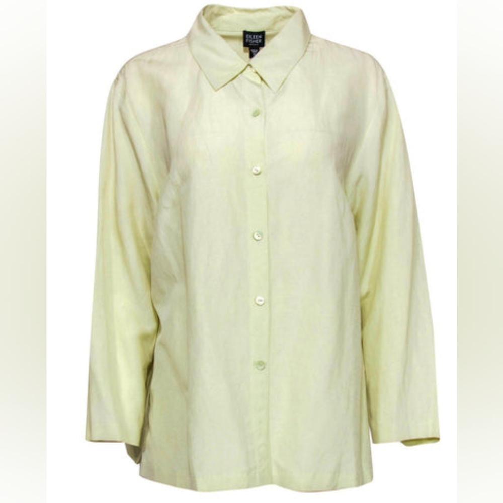 EILEEN FISHER NWT Light Yellow Button-Up Collared Three Quarter Sleeve Shirt